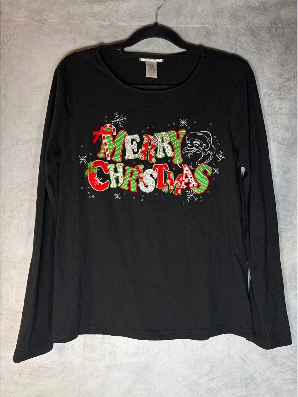 Rebecca Malone Women Large Black Merry Christmas Santa Graphic Long Sleeve Shirt